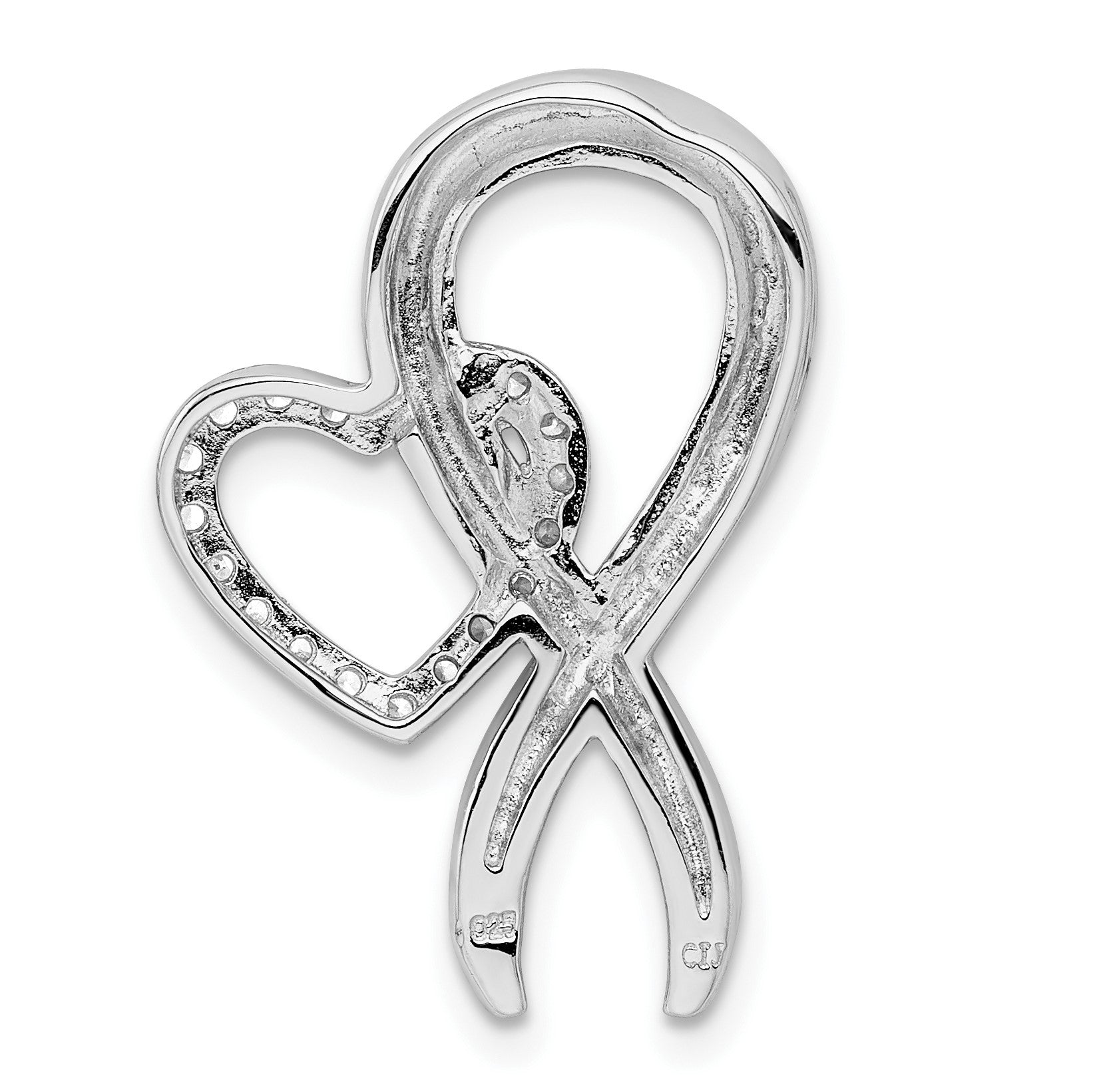 Sterling Silver Rhodium-plated CZ Heart/Breast Cancer Ribbon Chain Slide