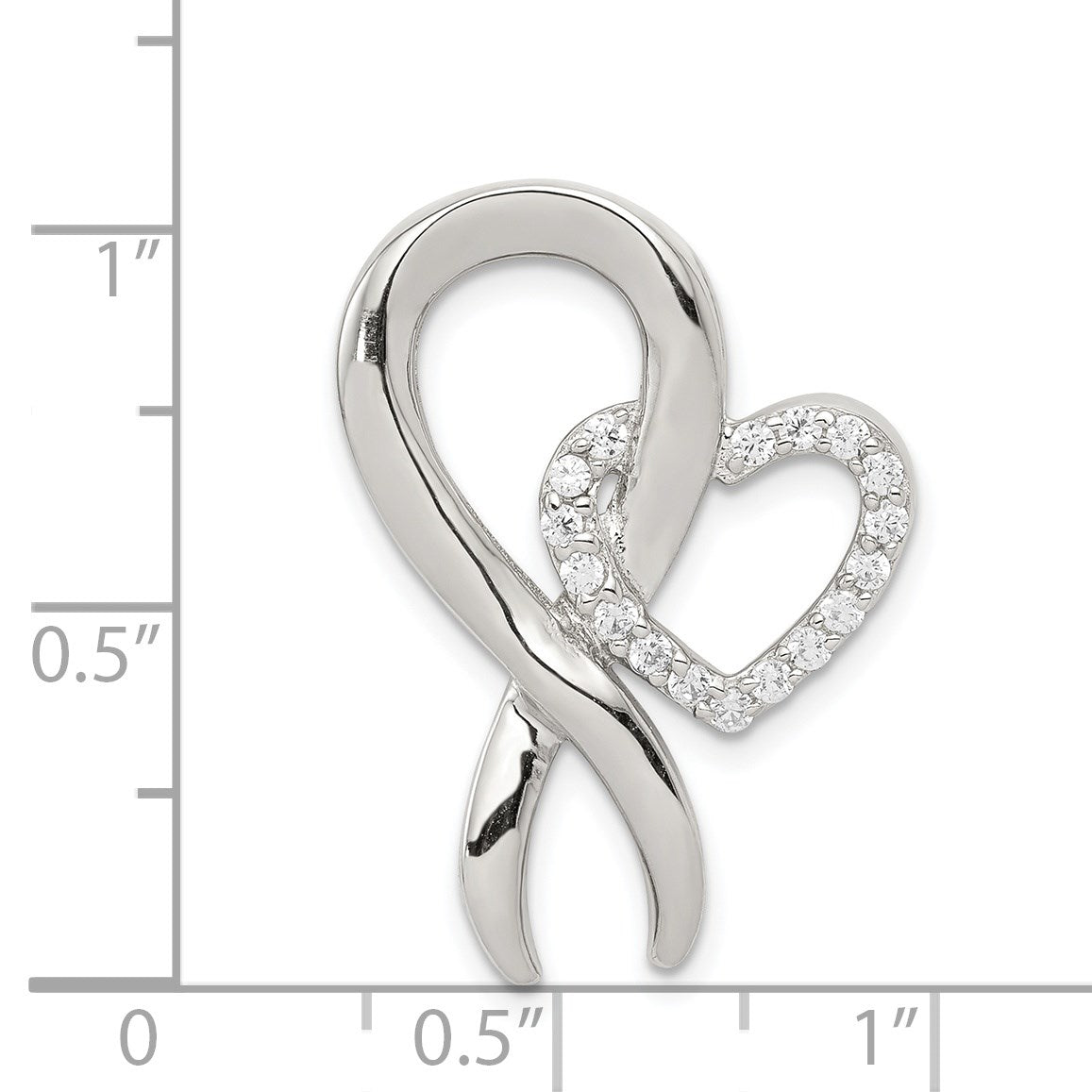 Sterling Silver Rhodium-plated CZ Heart/Breast Cancer Ribbon Chain Slide