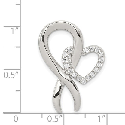 Sterling Silver Rhodium-plated CZ Heart/Breast Cancer Ribbon Chain Slide