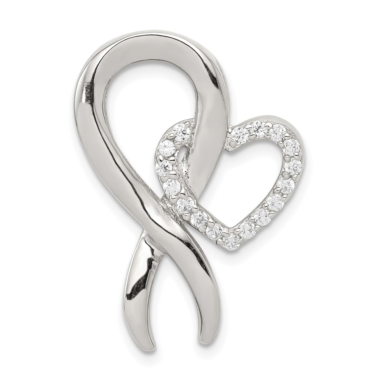 Sterling Silver Rhodium-plated CZ Heart/Breast Cancer Ribbon Chain Slide
