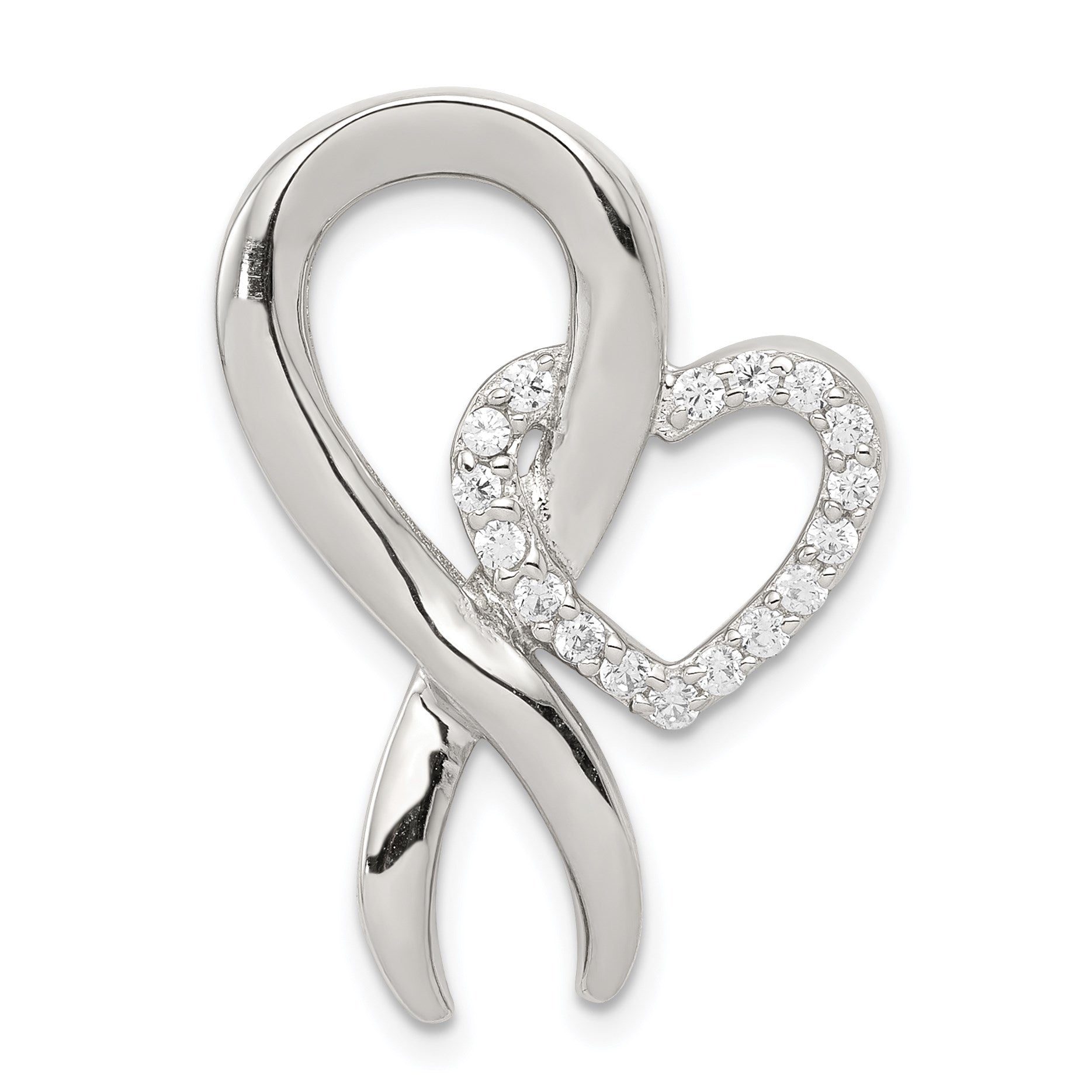 Sterling Silver Rhodium-plated CZ Heart/Breast Cancer Ribbon Chain Slide
