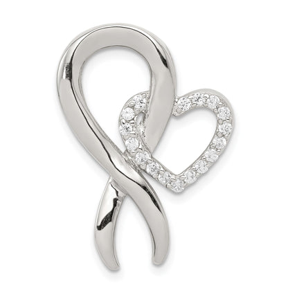 Sterling Silver Rhodium-plated CZ Heart/Breast Cancer Ribbon Chain Slide