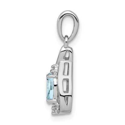Sterling Silver Rhodium Plated Dia. & Aquamarine Oval Pendant