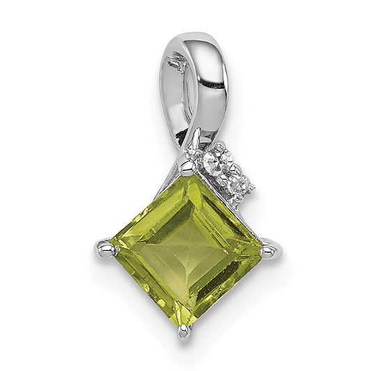 Sterling Silver Rhodium Plated Diamond and Peridot Square Pendant