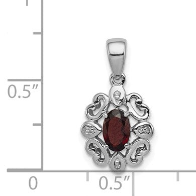 Sterling Silver Rhodium Plated Diamond & Garnet Oval Pendant