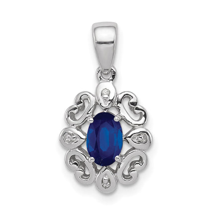 Sterling Silver Rhodium Plated Diamond & Sapphire Oval Pendant