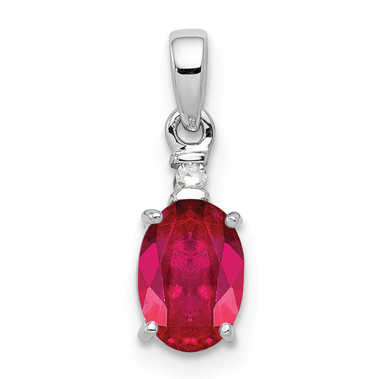 Sterling Silver Rhodium Plated Diamond & Ruby Oval Pendant