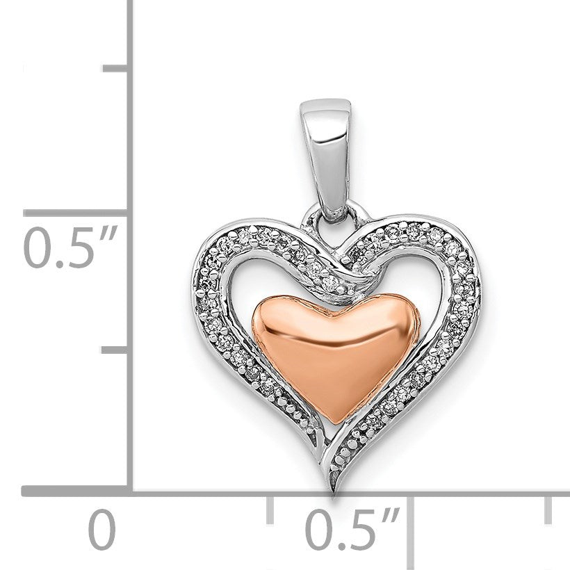 Sterling Silver Rhodium & 14K Rose Gold Diamond Heart Pendant
