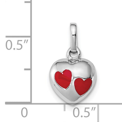 Sterling Silver RH-plated Polished Red Enameled Hearts Children's Pendant