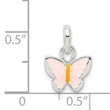 Sterling Silver Polished Pink/Orange Enamel Butterfly Children's Pendant