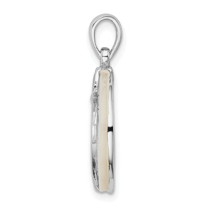 Sterling Silver Rhodium-plated Polished Round Mother of Pearl Palm Tree Pendant