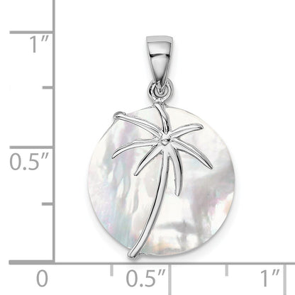 Sterling Silver Rhodium-plated Polished Round Mother of Pearl Palm Tree Pendant