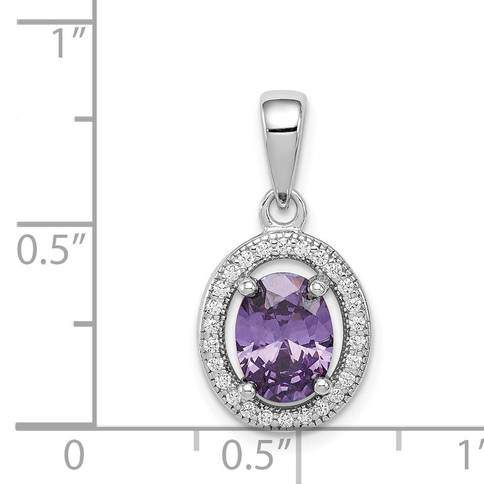 Sterling Silver Rhod-plated w/ Purple and White CZ Oval Pendant