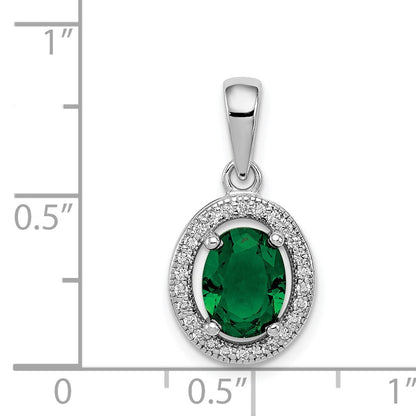 Sterling Silver Rhod-plated w/ Green and White CZ Oval Pendant