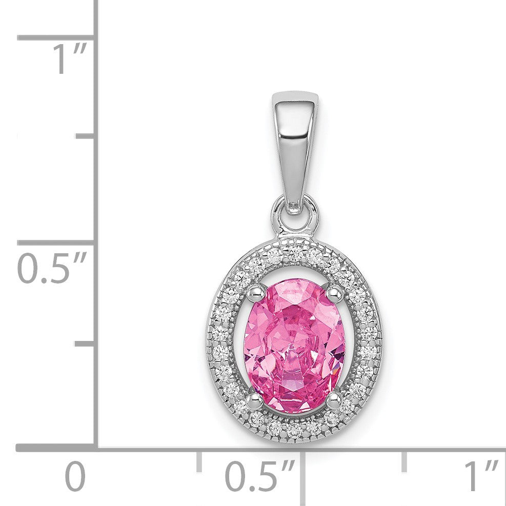 Sterling Silver Rhod-plated Pink and White CZ Oval Pendant