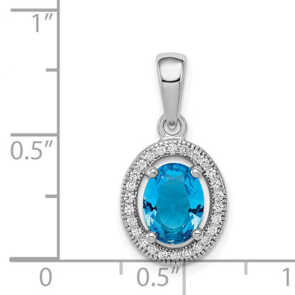 Sterling Silver Rhod-plated Blue and White CZ Oval Pendant