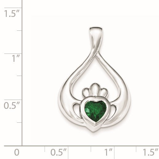 Sterling Silver Rhodium-plated Green CZ Heart Claddagh Pendant