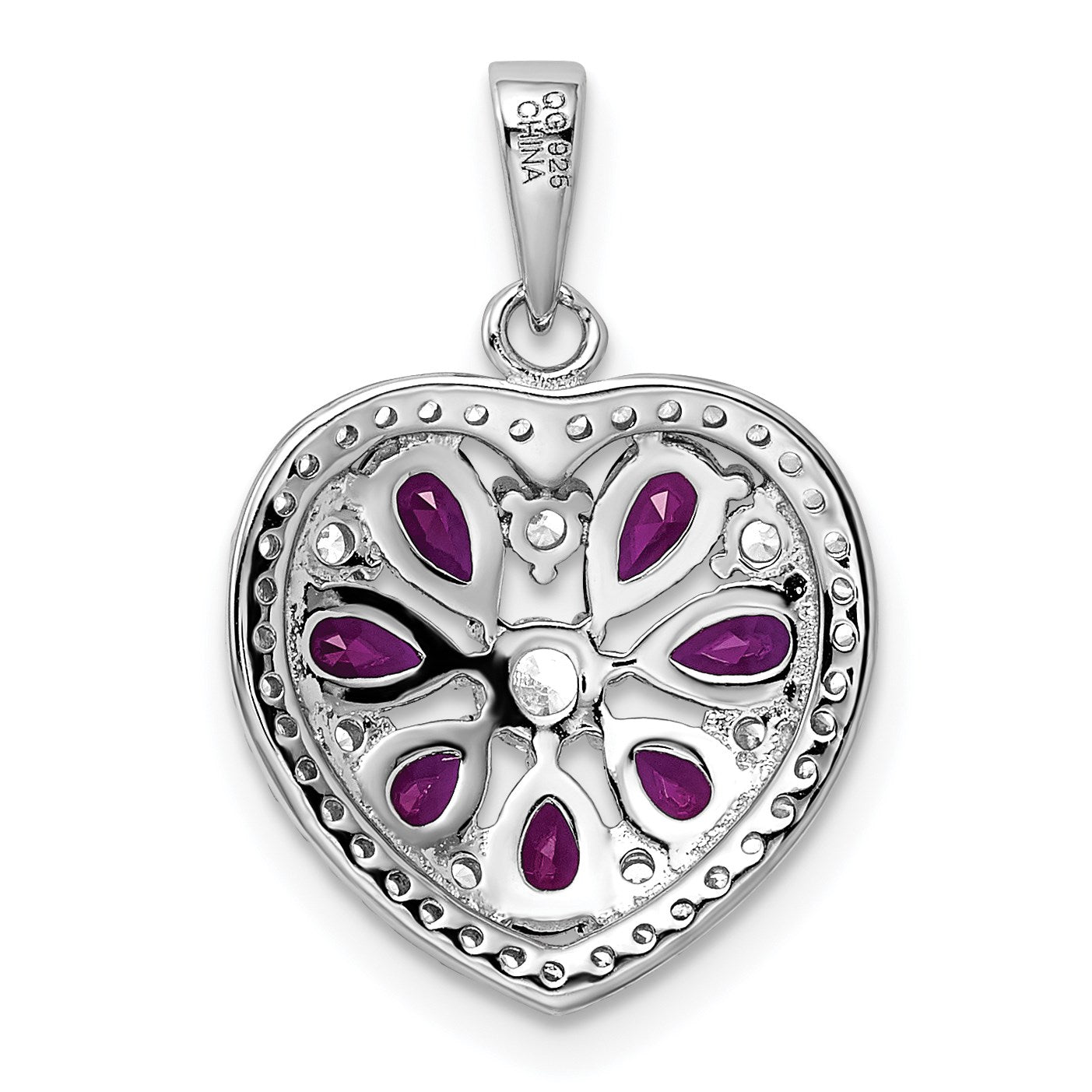 Sterling Silver Rhodium-plated Polished CZ and Lab Cr. Ruby Heart Pendant