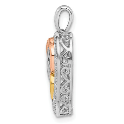Sterling Silver Rhodium w/White, Yellow, & Rose Gold Plating Diamond Heart Pendant