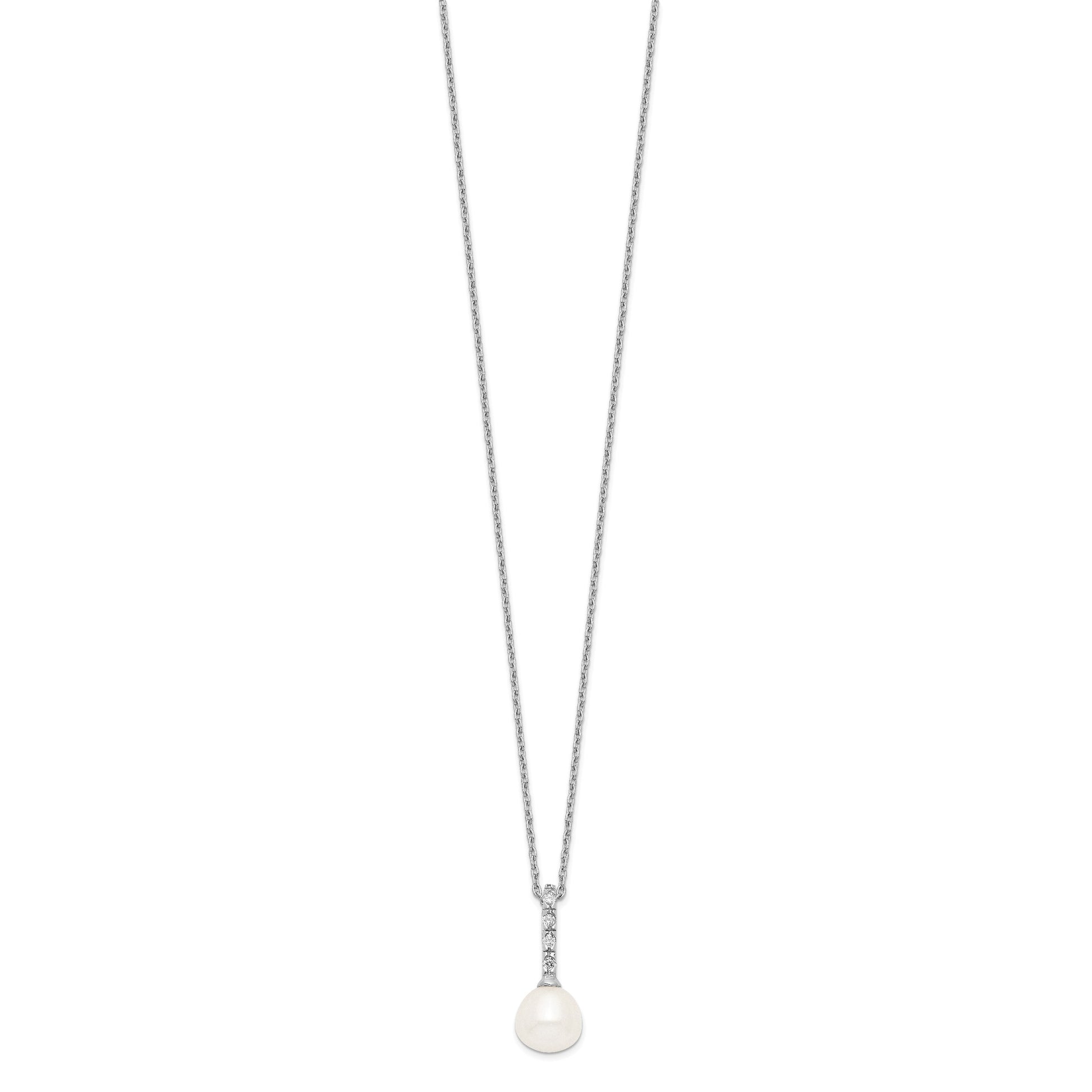 Sterling Silver Rhodium-plated 7-8mm White Teardrop Freshwater Cultured Pearl and CZ 17 inch Necklace