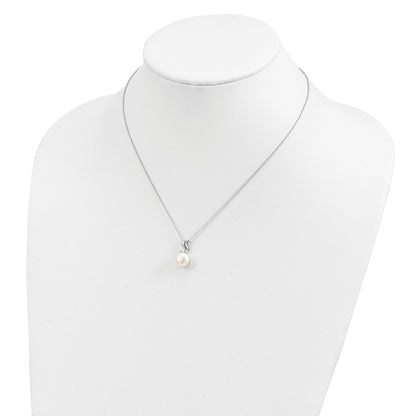 Sterling Silver Rhodium-plated 9-10mm White Button Freshwater Cultured Pearl and CZ 17 inch Necklace
