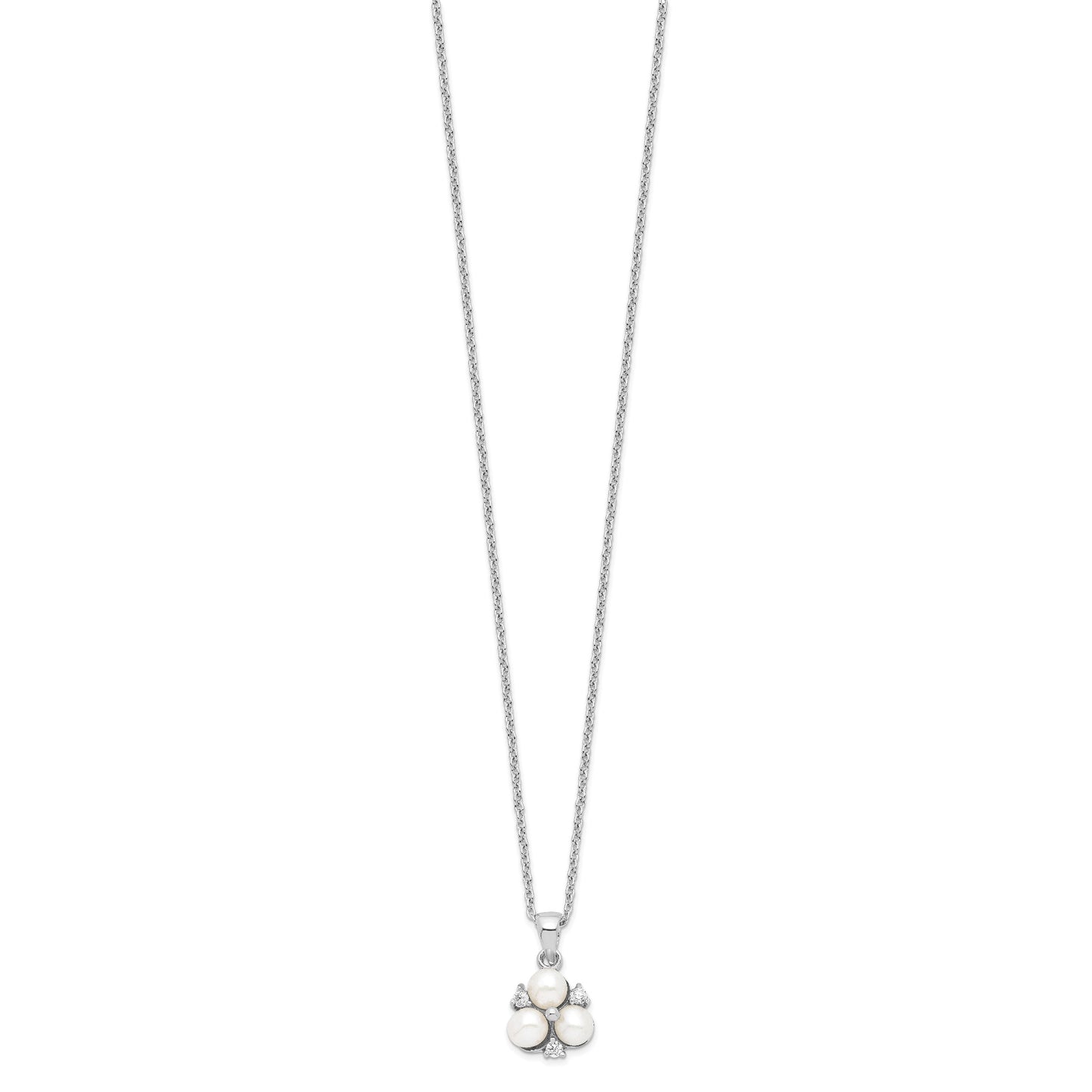 Sterling Silver Rhodium-plated 5-6mm White Button Freshwater Cultured 3-Pearl and CZ 17 inch Necklace