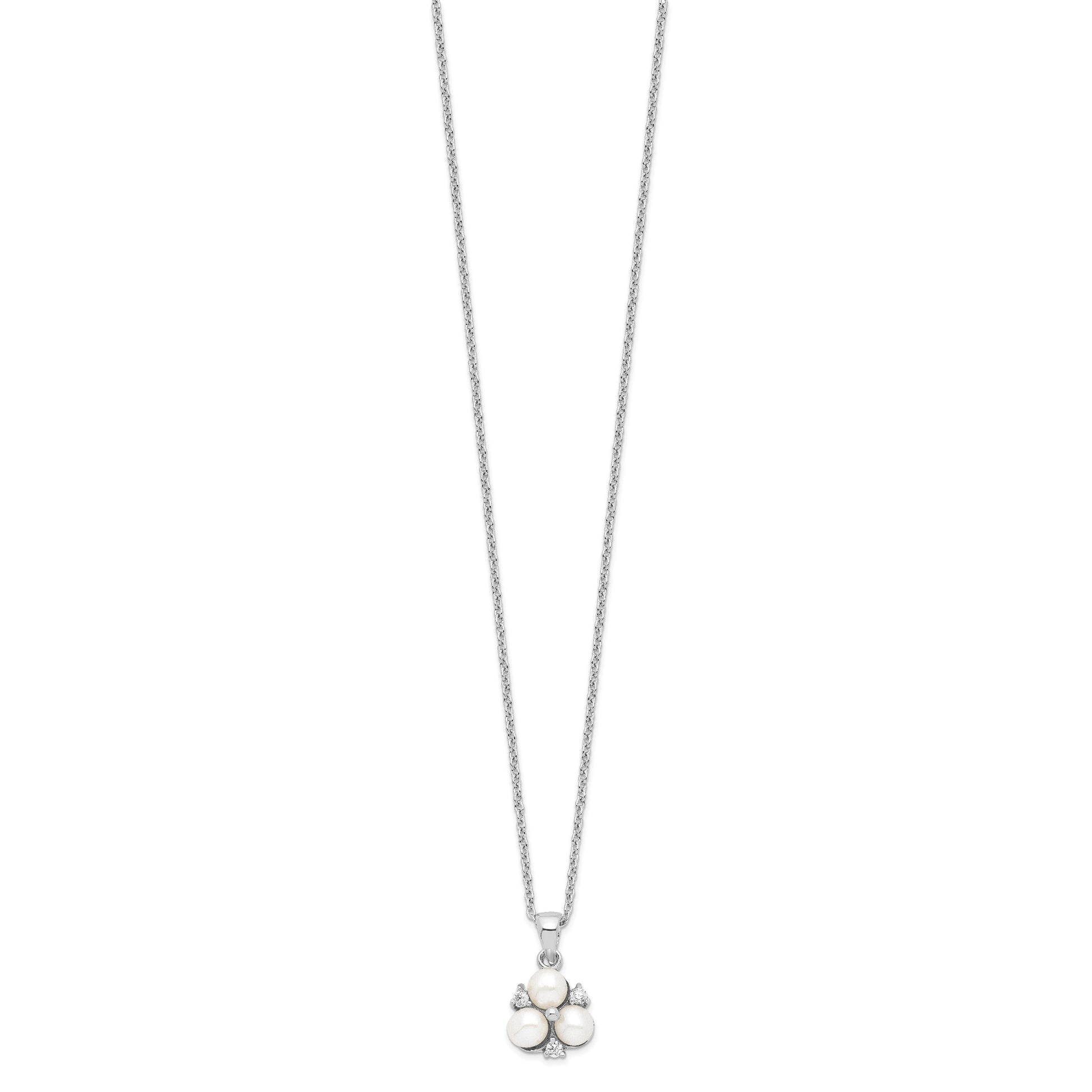 Sterling Silver Rhodium-plated 5-6mm White Button Freshwater Cultured 3-Pearl and CZ 17 inch Necklace
