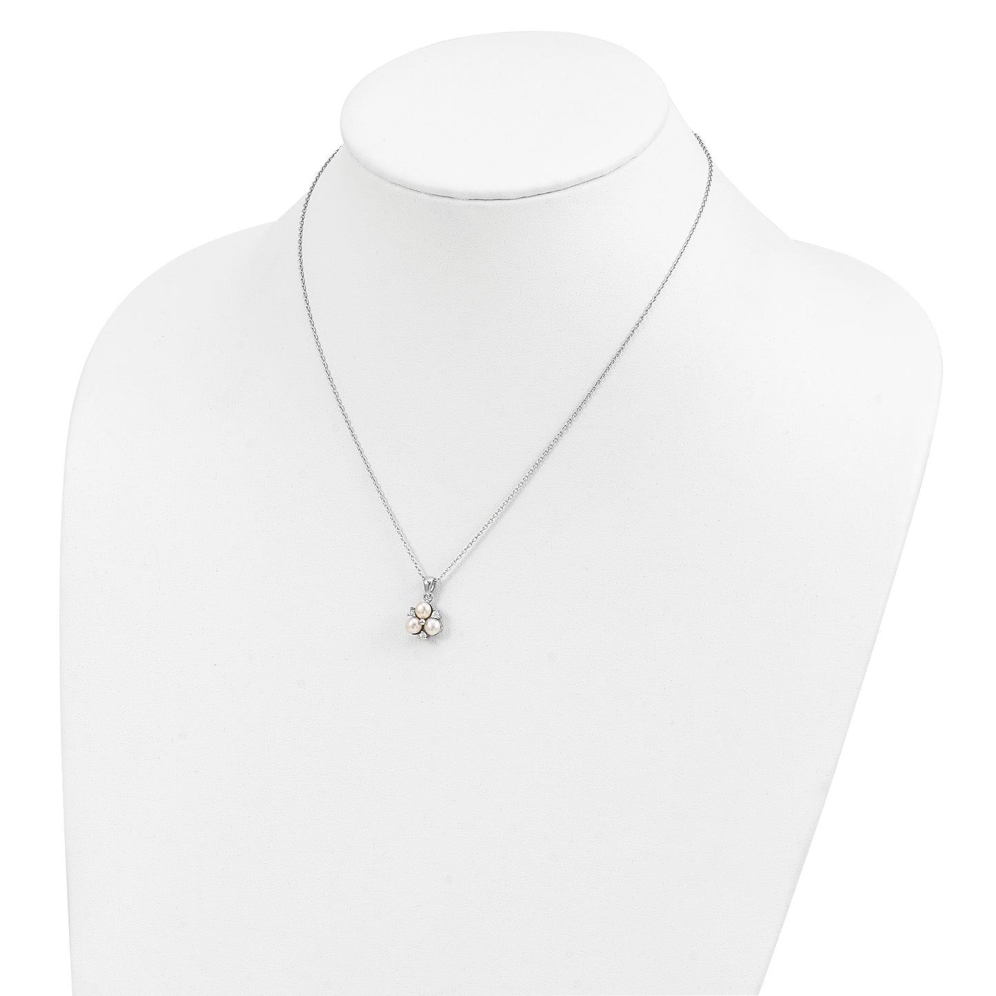 Sterling Silver Rhodium-plated 5-6mm White Button Freshwater Cultured 3-Pearl and CZ 17 inch Necklace