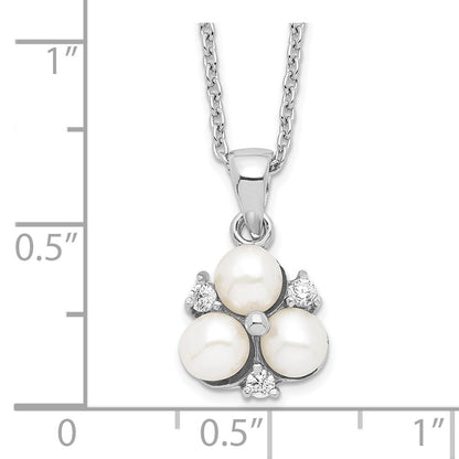 Sterling Silver Rhodium-plated 5-6mm White Button Freshwater Cultured 3-Pearl and CZ 17 inch Necklace