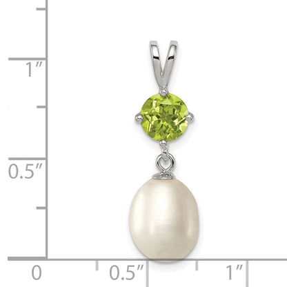 Sterling Silver Rhodium-plated 8-9mm White Teardrop Freshwater Cultured Pearl and .90PE Peridot Pendant