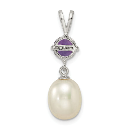 Sterling Silver Rhodium-plated 8-9mm White Teardrop Freshwater Cultured Pearl and .75AM Amethyst Pendant