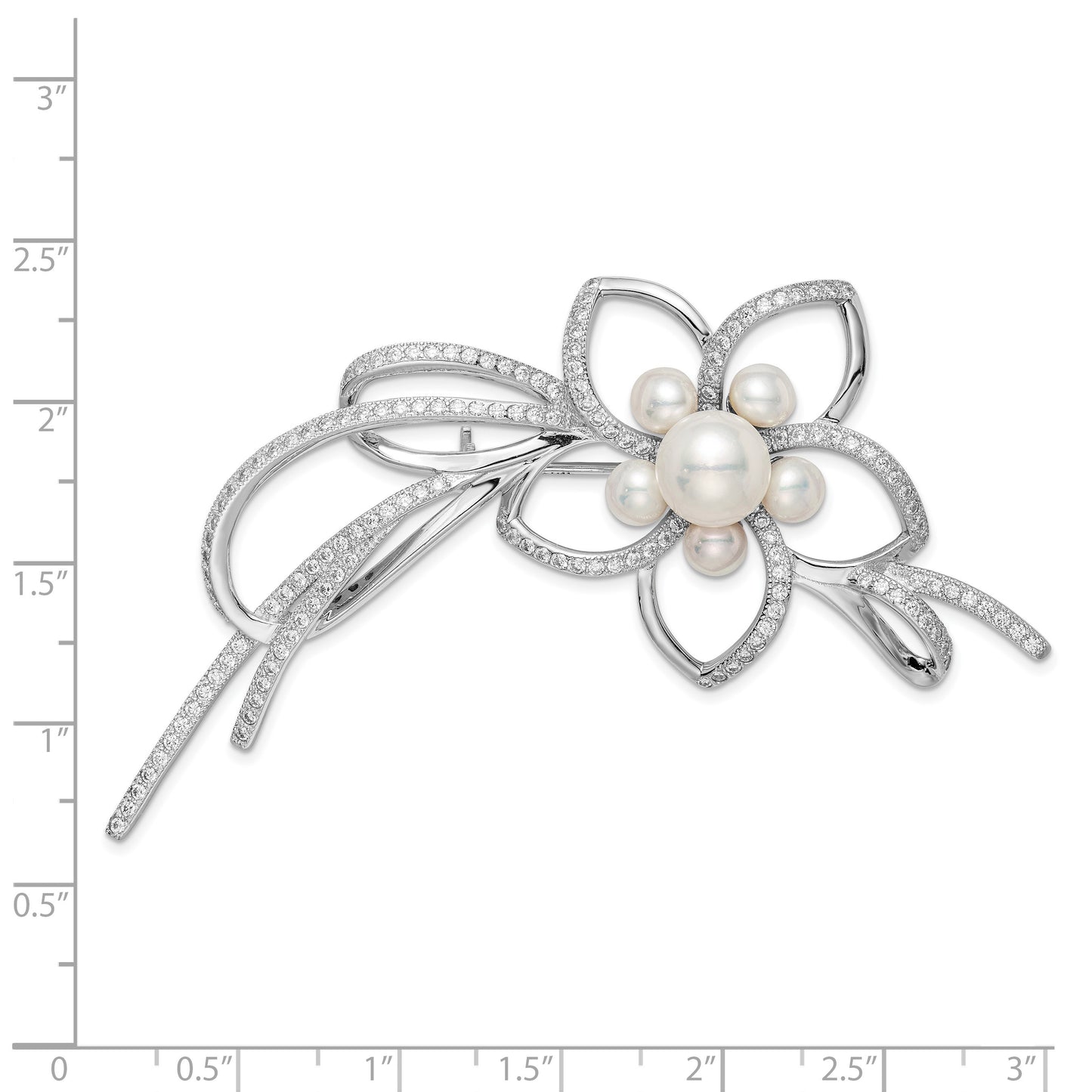 Sterling Silver Rhodium-plated 4-7mm White Button Freshwater Cultured Pearl and CZ Flower Pin
