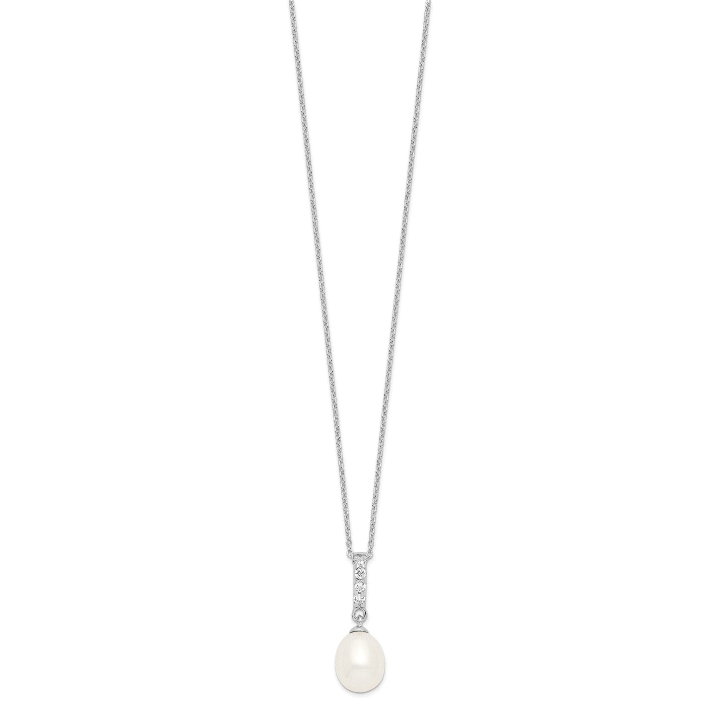Sterling Silver Rhodium-plated 8-9mm White Teardrop Freshwater Cultured Pearl and CZ 17 inch Necklace