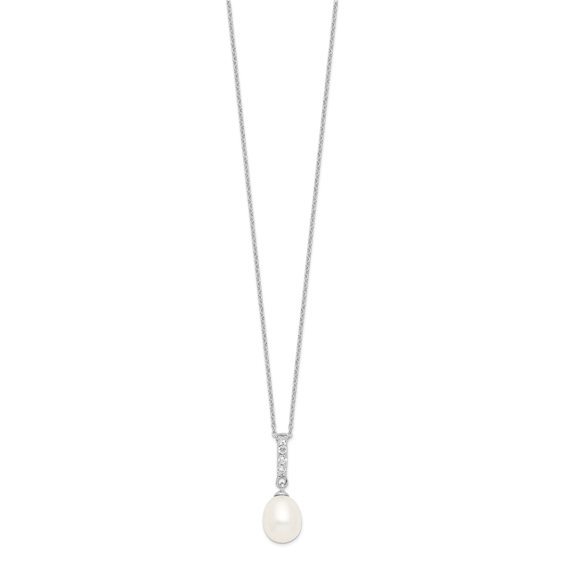 Sterling Silver Rhodium-plated 8-9mm White Teardrop Freshwater Cultured Pearl and CZ 17 inch Necklace