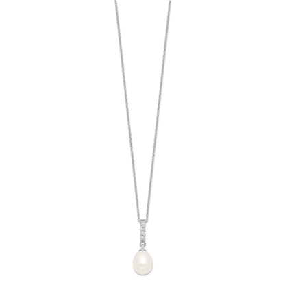 Sterling Silver Rhodium-plated 8-9mm White Teardrop Freshwater Cultured Pearl and CZ 17 inch Necklace