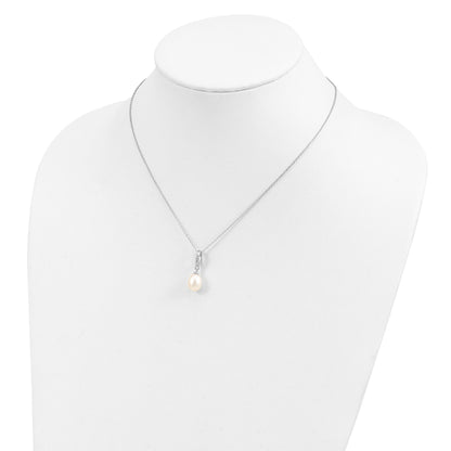 Sterling Silver Rhodium-plated 8-9mm White Teardrop Freshwater Cultured Pearl and CZ 17 inch Necklace