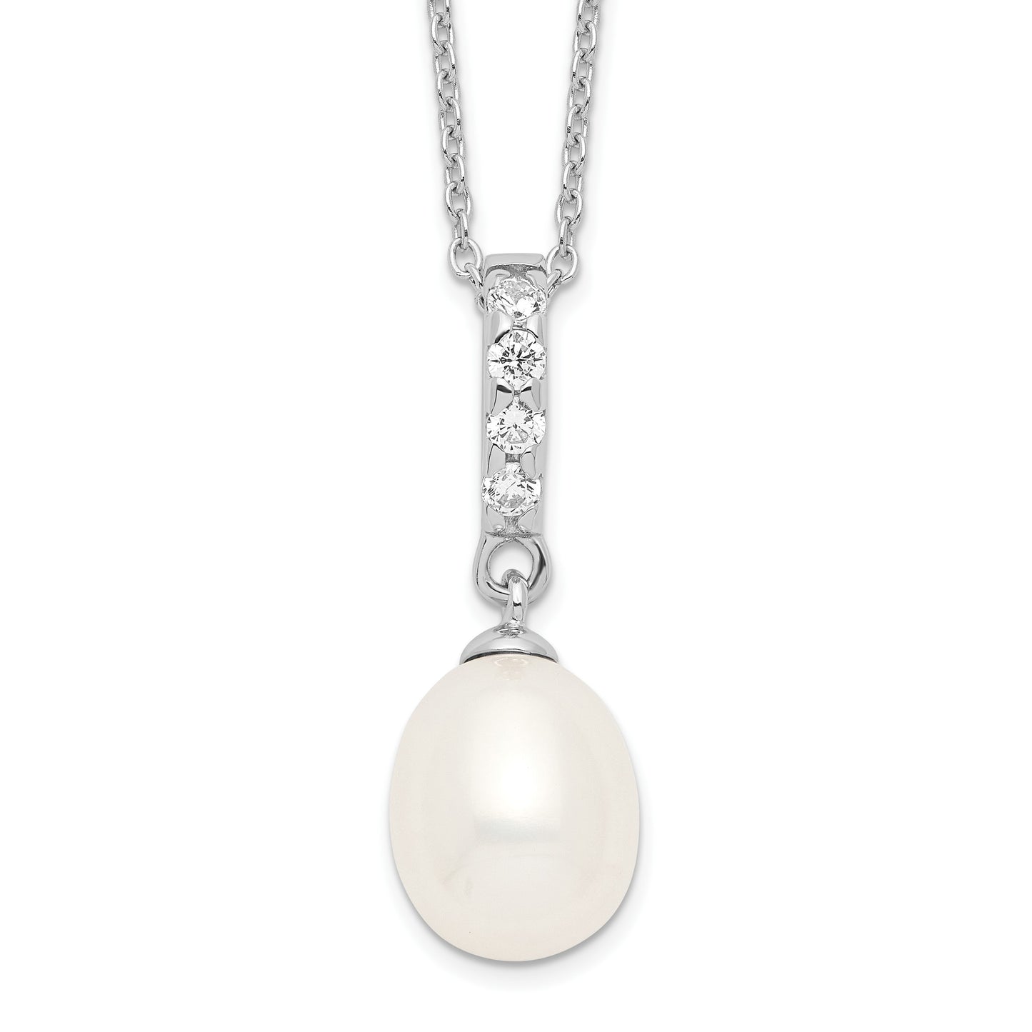 Sterling Silver Rhodium-plated 8-9mm White Teardrop Freshwater Cultured Pearl and CZ 17 inch Necklace