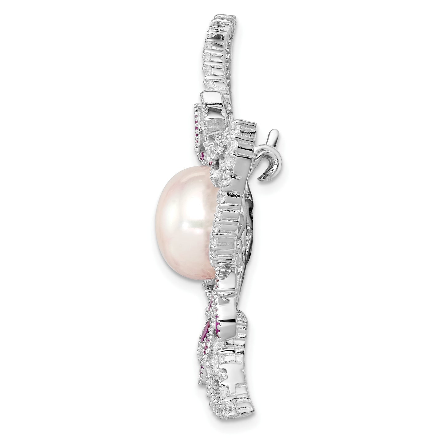 Sterling Silver Rhodium-plated 10-11mm White Button Freshwater Cultured Pearl, CZ and 2.50 Carat Pink Corundum Flower Pin