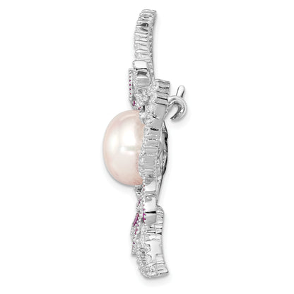 Sterling Silver Rhodium-plated 10-11mm White Button Freshwater Cultured Pearl, CZ and 2.50 Carat Pink Corundum Flower Pin