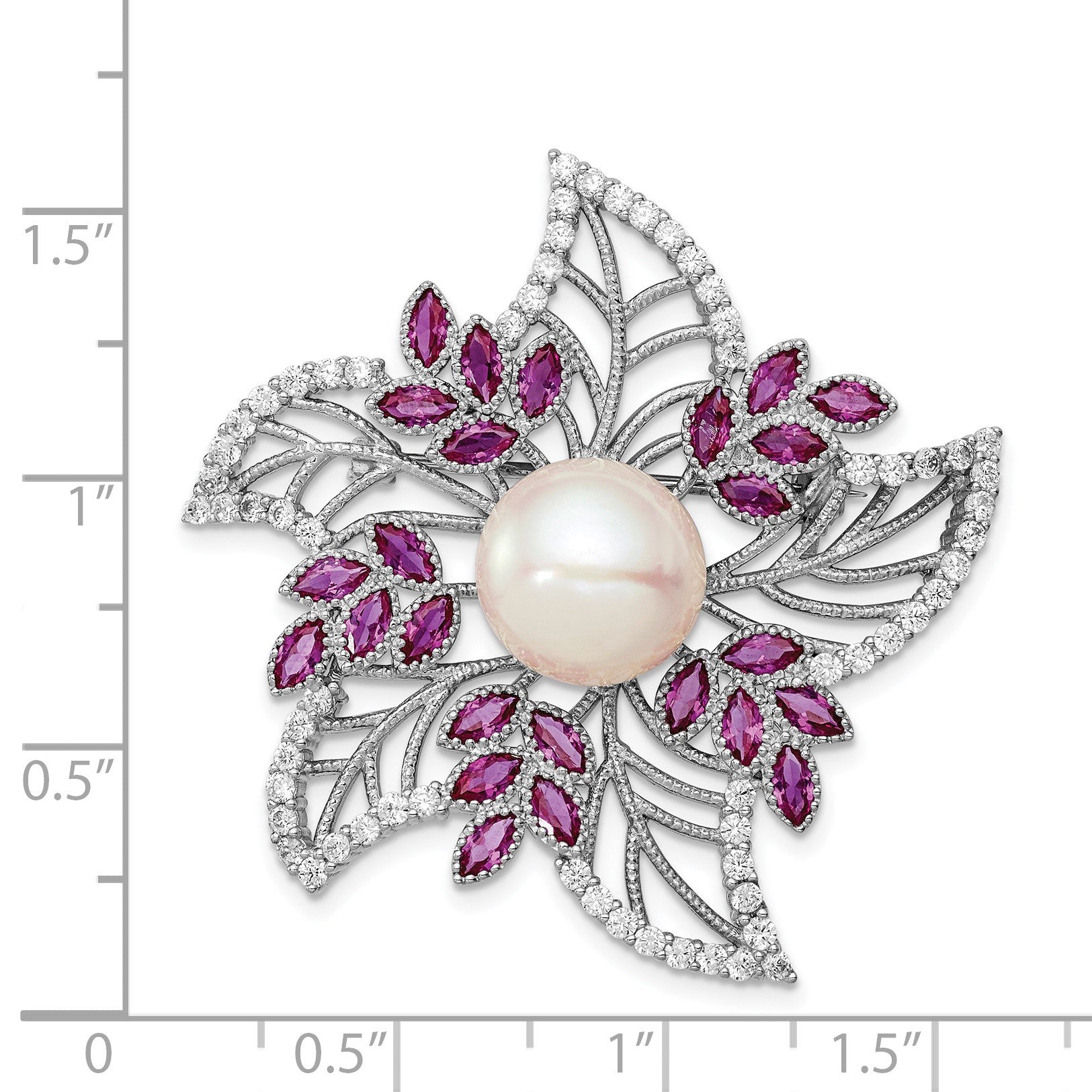 Sterling Silver Rhodium-plated 10-11mm White Button Freshwater Cultured Pearl, CZ and 2.50 Carat Pink Corundum Flower Pin