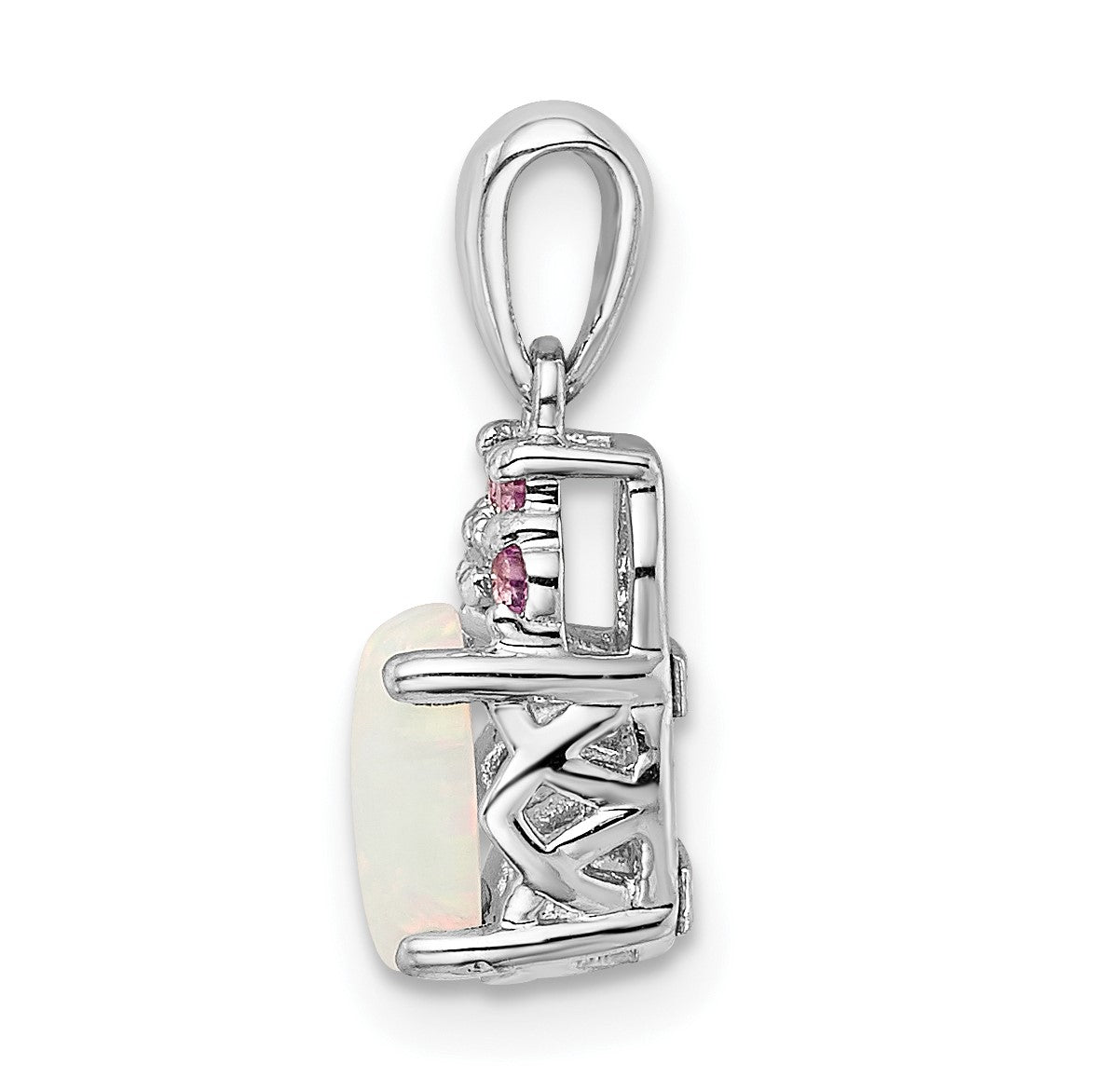 Sterling Silver Rhod-plate Dia. Cr.Pink Sapp. Simulated Opal Pendant