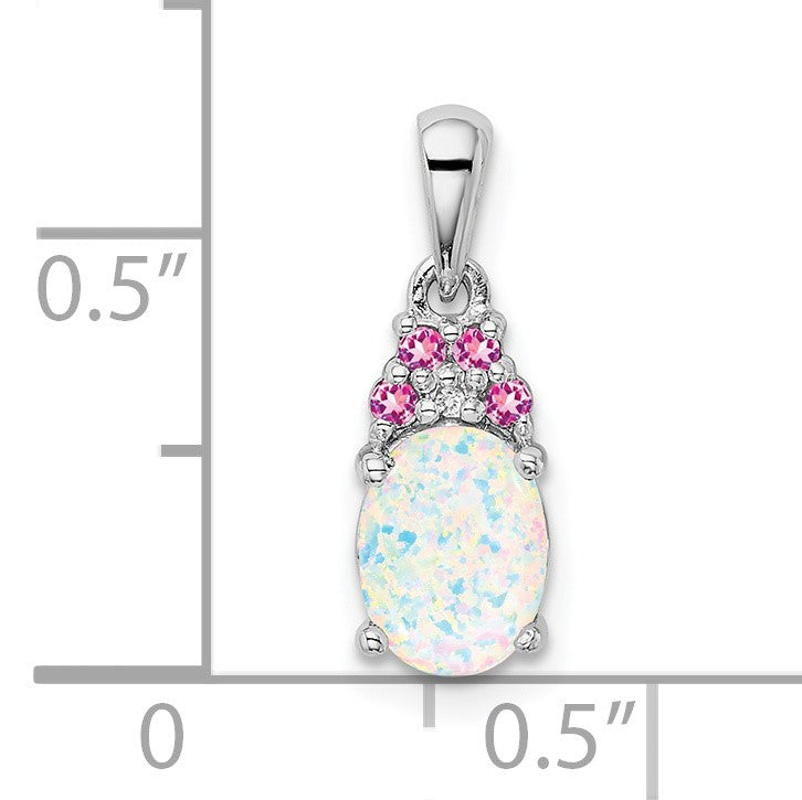 Sterling Silver Rhod-plate Dia. Cr.Pink Sapp. Simulated Opal Pendant