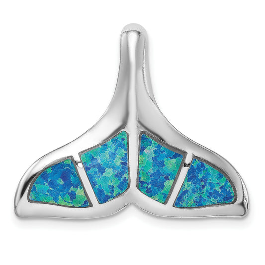 Sterling Silver Rhodium-plated Blue Inlay Created Opal Whale Tail Slide