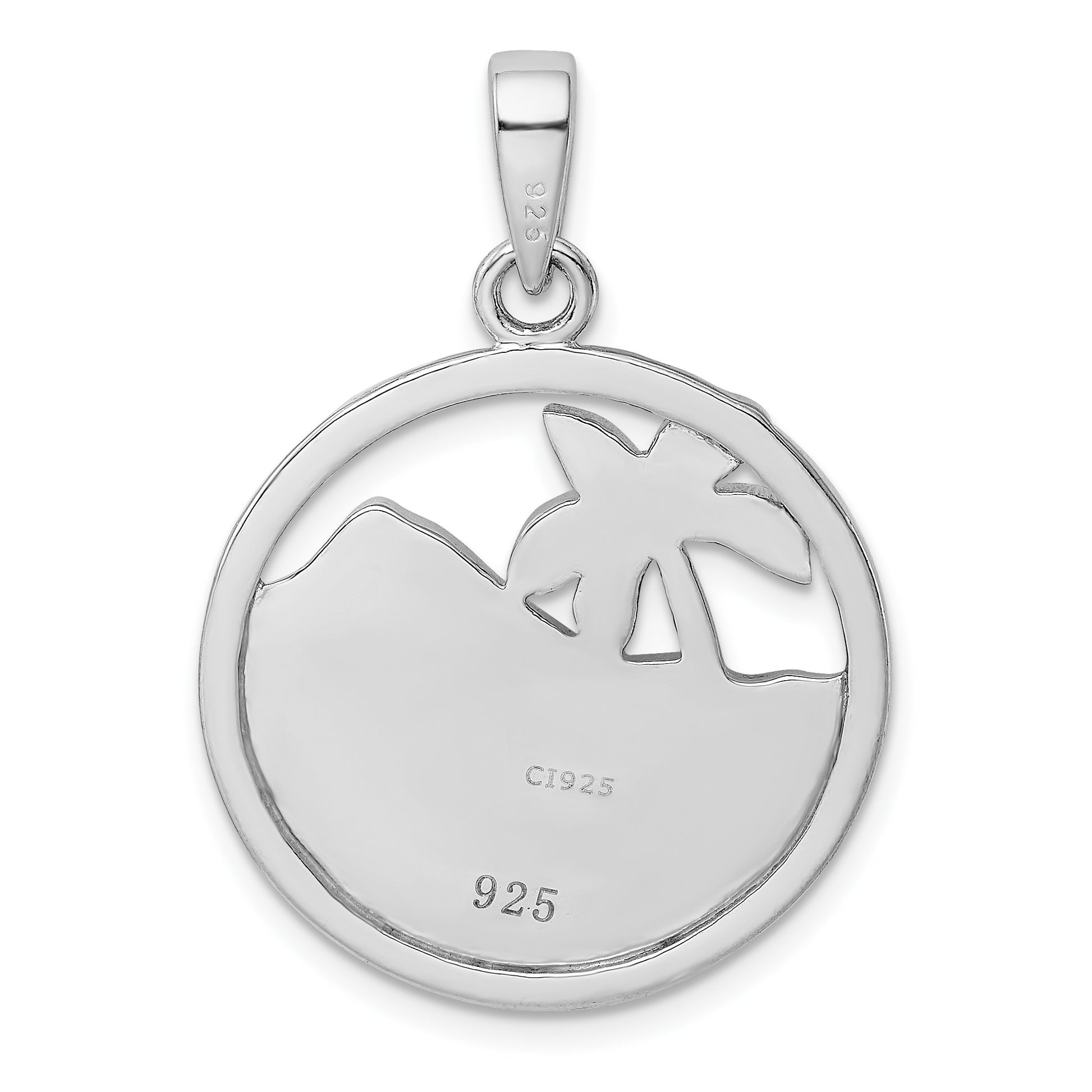 Sterling Silver Rhod-plated Created Opal Palm Tree Ocean Pendant