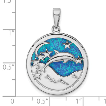 Sterling Silver Rhodium-plated Blue Created Opal Dolphins Pendant