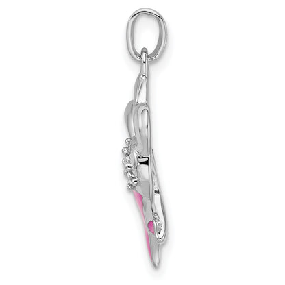 Sterling Silver Rhodium-plated Enamel CZ Ribbon Heart Pendant
