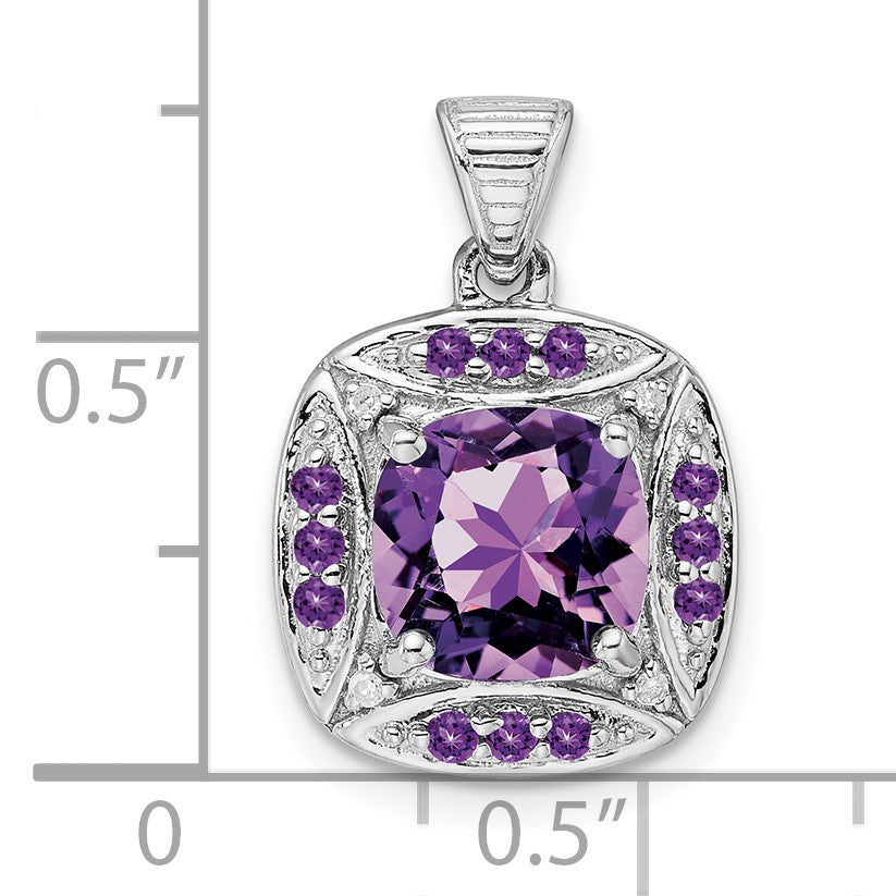 Sterling Silver Rhodium-plated Diamond and Amethyst Square Pendant