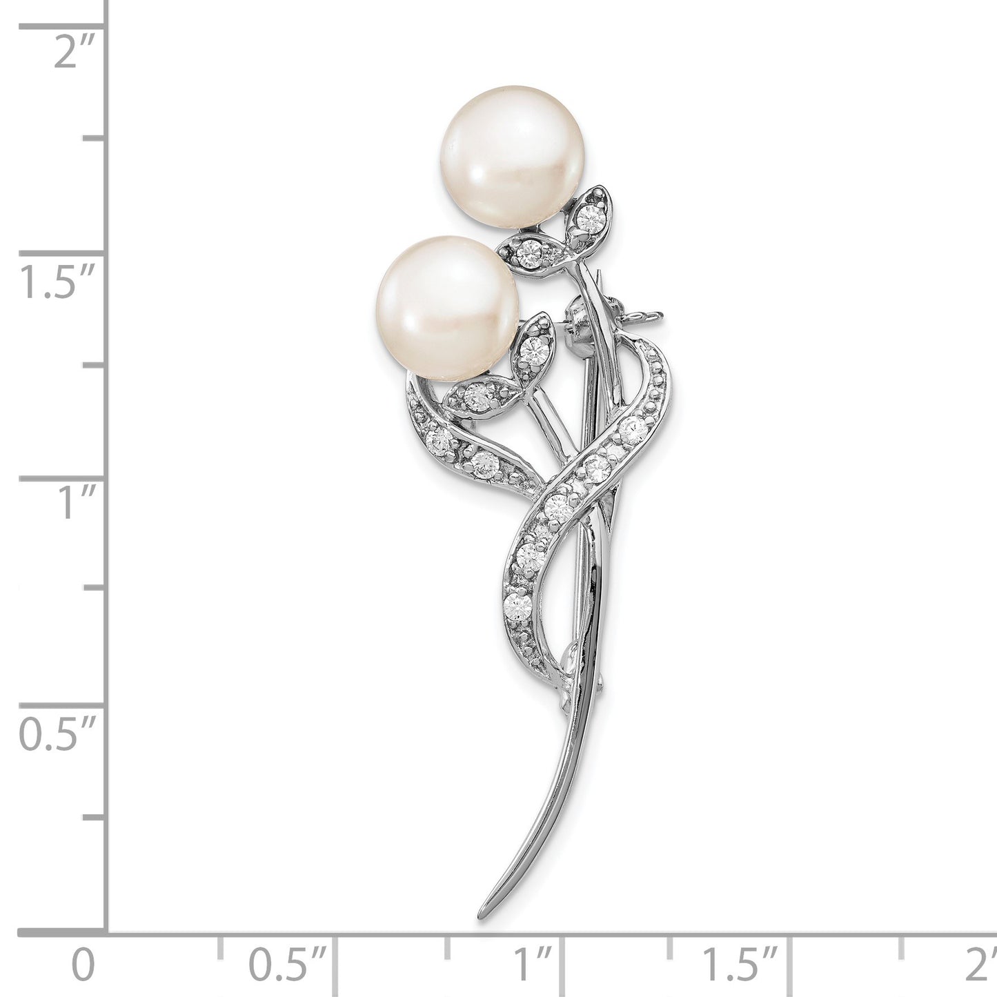 Sterling Silver Rhodium-plated 7-8mm White Button Freshwater Cultured Pearl and CZ Brooch