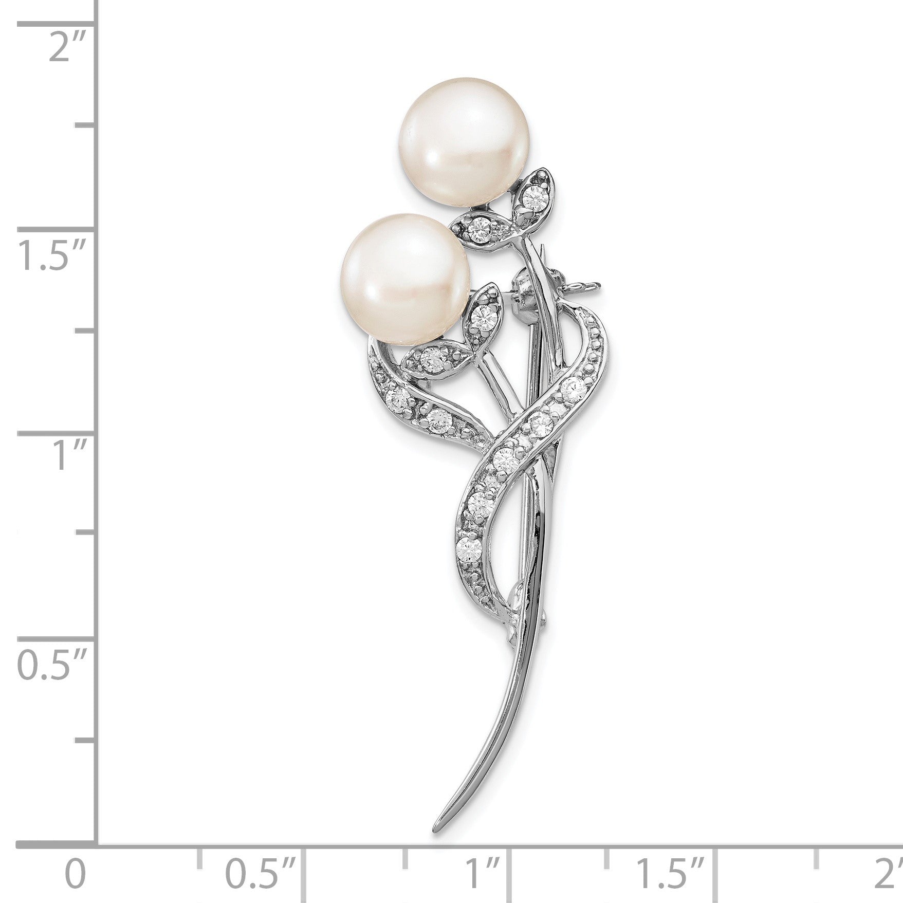 Sterling Silver Rhodium-plated 7-8mm White Button Freshwater Cultured Pearl and CZ Brooch