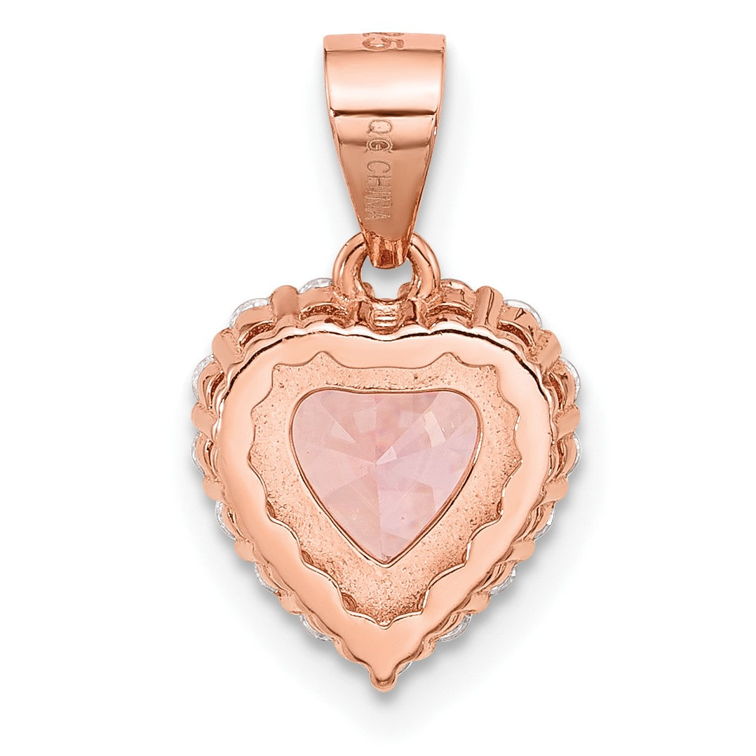 Sterling Silver Rose-plated Pink Crystal Heart and Clear CZ Pendant